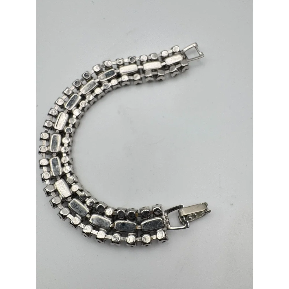 Vintage Rhinestone Bracelet Black Emerald Cut Clear 3 Row Jeweled Clasp MCM